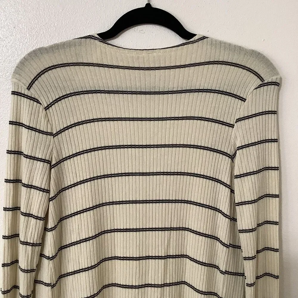 Daytrip Minimalist Chic‎ Cozycore Slouchy Striped Cream Long Open Cardigan Small